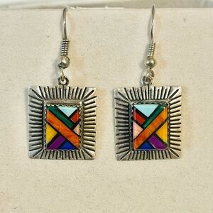 VTG Southwest STERLING SILVER MULTI COLOR STONES EARRINGS SIGNED